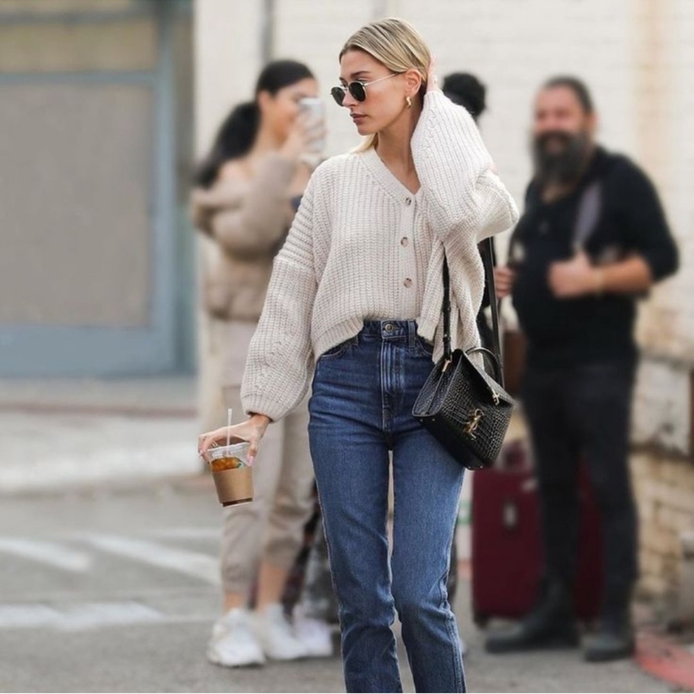 OAK + FORT Wool Cable Knit Crop Balloon Sweater Cardigan Top